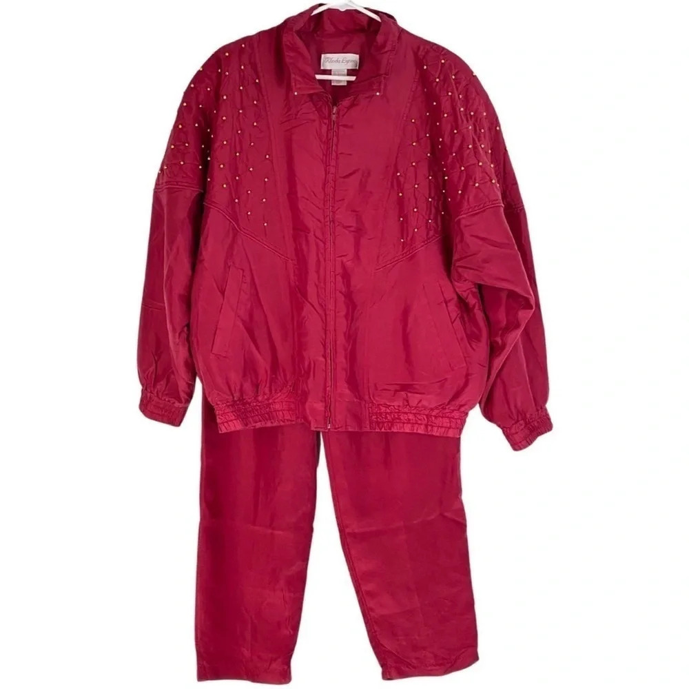 Vintage 80s 90s Silk Windbreaker Sweat Suit Jacket Pants Large Red Quilted